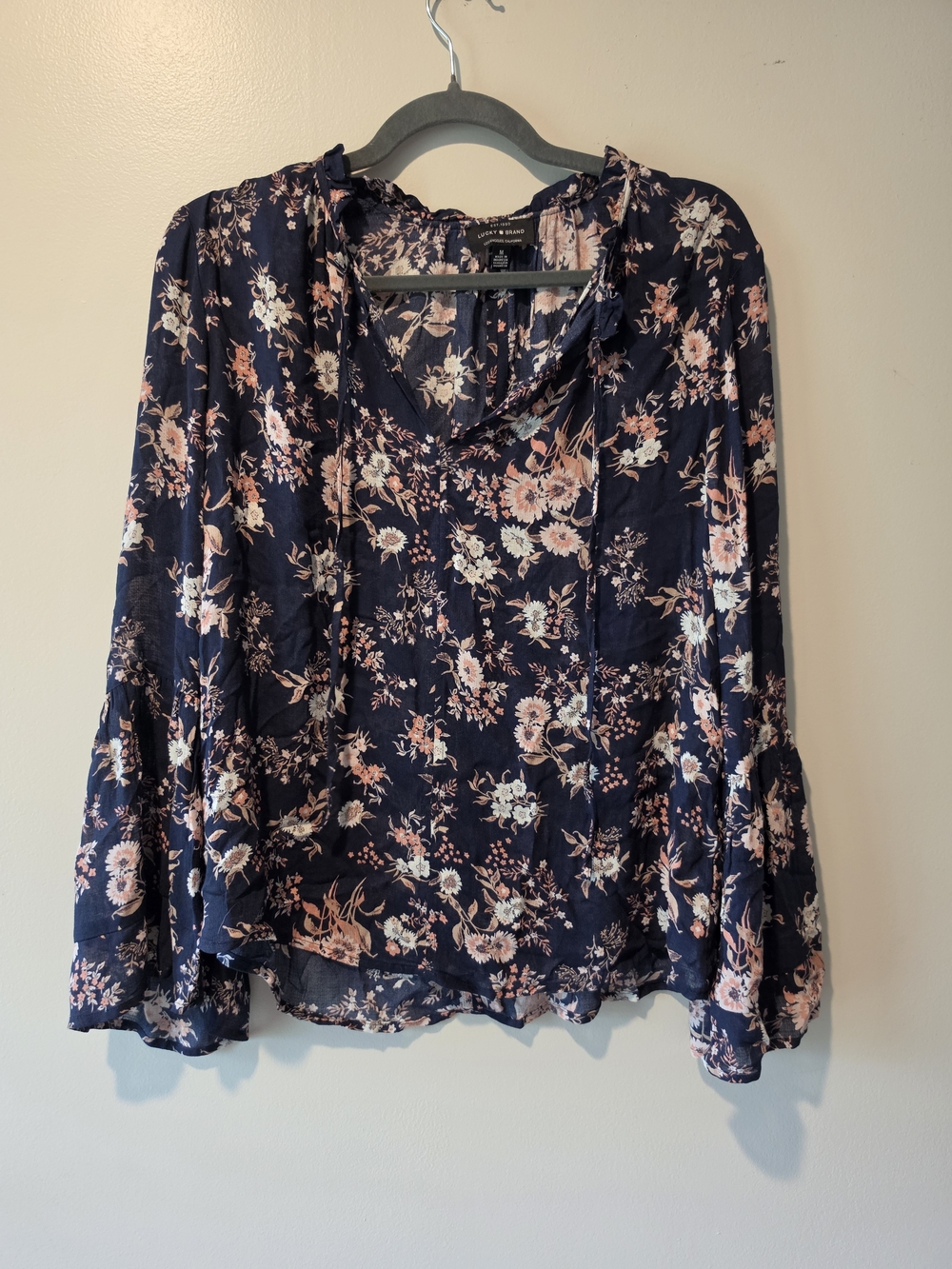 Lucky Brand Navy Floral Tie-Neck Blouse with Pink & Cream Accents